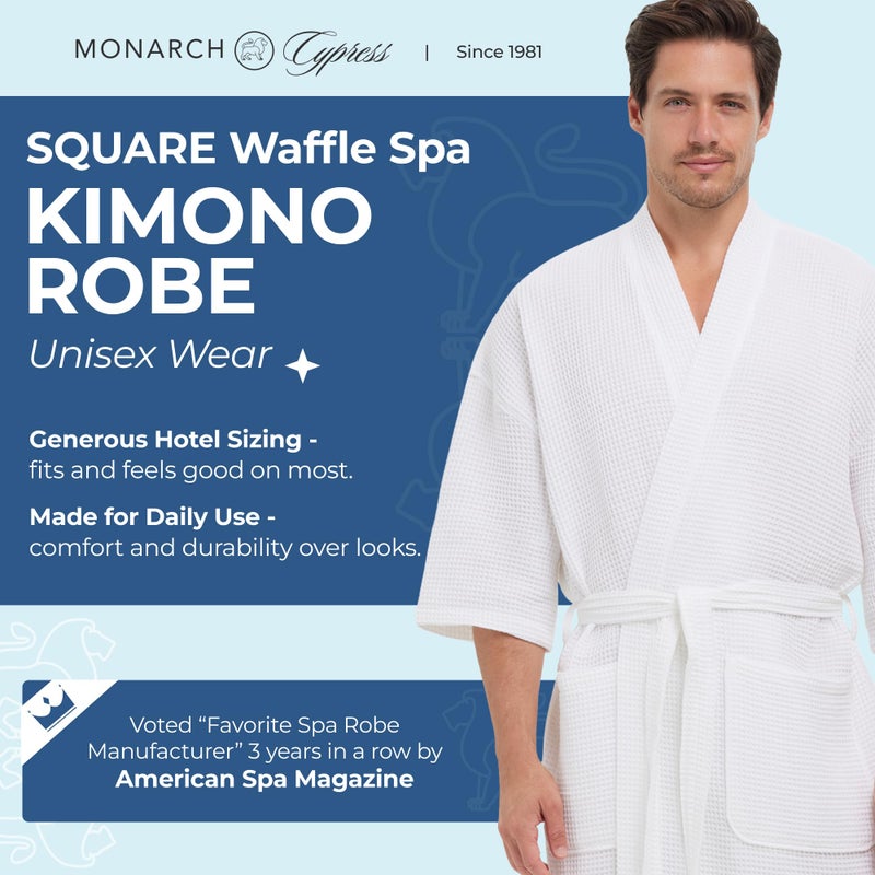 MONARCH Square Waffle Spa Kimono Robe for Men or Women â€“ Soft Lightweight Textured Fabric with Classic Kimono Design, Generously Sized Hotel & Spa Robe with Pockets â€“ Machine Washable (Large, White) - Image 2